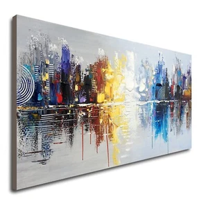 Large Hand Painted Abstract Reflection Cityscape Canvas Wall Art Modern Oil P... - Picture 1 of 6