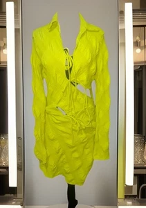 fashion nova 2 peice tie top long Sleeve  Mini skirt set Neon Green Size Medium - Picture 1 of 17