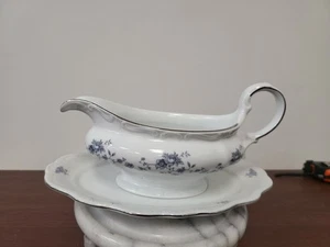 Johann Haviland Bavaria Germany Blue Garland Gravy Boat W Tray Platinum Trim New - Picture 1 of 18