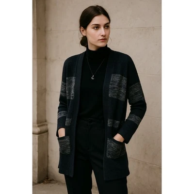 Cárdigan Suéter Chico's Dark Academia Talla 1 Mediano Negro Metálico Plata Lana Foto 1 de 4