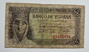 Billete 5 Pesetas 1943 Circulado . Isabel La Catolica - Imagen 1 de 2