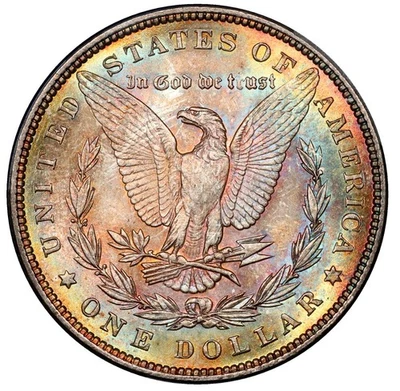 Dólar Morgan 1887 graduación profesional MS 63 brillante reverso color arco iris tonificado Foto 1 de 4