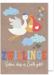 Zwillinge Geburt Grußkarte Storch bunt 16x11cm - Bild 1 von 1