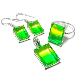 Juego de colgante, pendiente, anillo de piedras preciosas de plata de ley 925 de turmalina bicolor l777 - Imagen 1 de 8