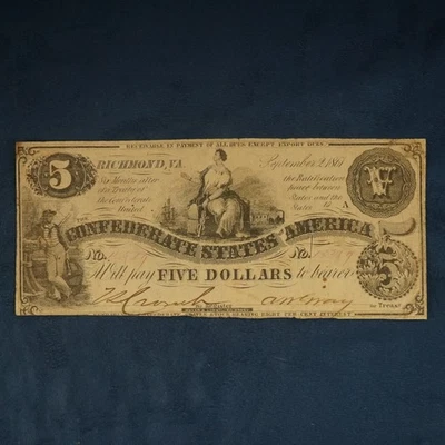 Sept 2,1861 Confederate States of America $5 Note T-36- Free Shipping USA - Image 1 of 3