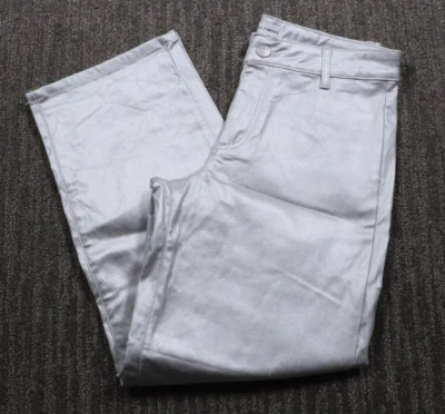 Pantalón plateado brillante imitación cuero cónico tiro medio elástico para mujer 9 (34x29) Foto 1 de 4