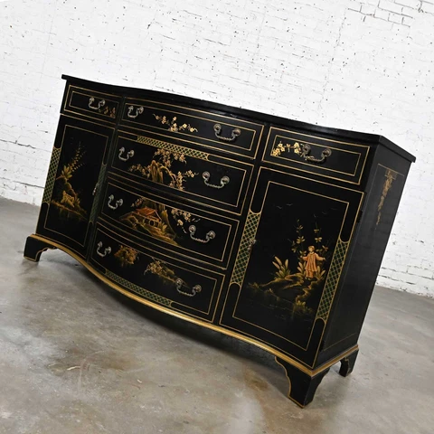 Chinoiserie Regency Style Union National Black & Gilt Buffet Sideboard Cover