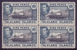 FALKLAND ISLANDS — SCOTT 90 — 1938 9d KGVI PICTÓRICA — BLOQUE/4 — Estampillada sin montar o nunca montada — scv $108 - Imagen 1 de 2