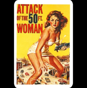 Letrero vintage de metal de hojalata 8x12 ataque de mujer de 50 pies 1958 ciencia ficción póster de película de terror - Imagen 1 de 2