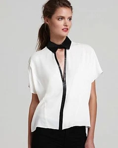 Camisa de seda en cascada Robert Rodríguez cuero marfil cuello negro dolman semi transparente - Imagen 1 de 12