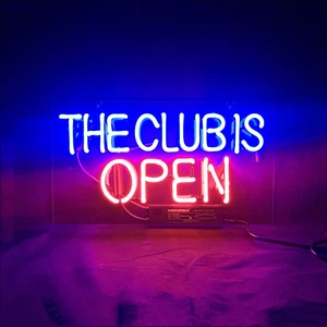 The Club Is Open Glass Neon Sign Light Shop Man Cave Wall Hanging Artwork 14"x9" - Picture 1 of 4