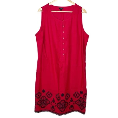 Vestido Talbots Bordado Lino Algodón Rojo Mujer 16W Sin Mangas Boho Funda Foto 1 de 4
