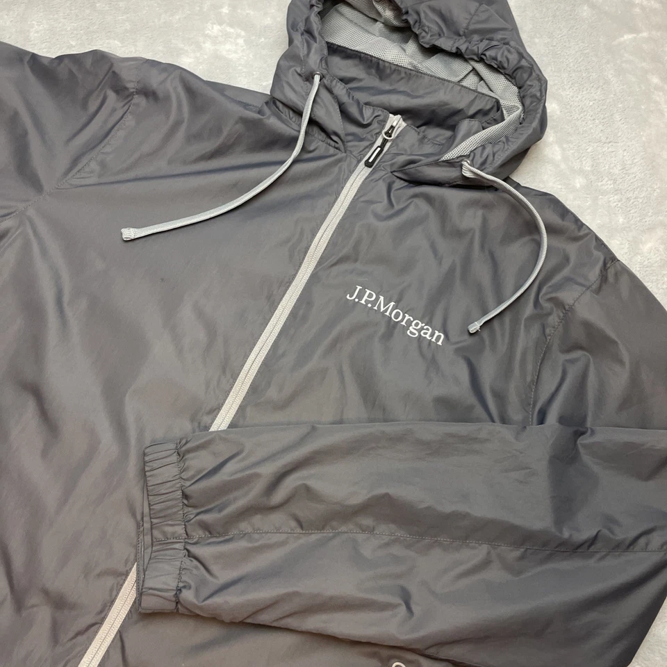 Jaqueta corta-vento masculina JP Morgan com capuz M cinza zíper completo leve vantagem - Imagem 1 de 4