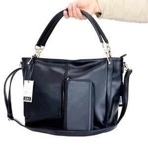 Black Faux Leather Purse and Wallet 2 in 1 Set Tote Hobo Bucket Shoulder Bag - Picture 1 of 12