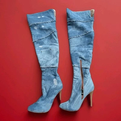 Mujeres Botas Sobre la Rodilla Denim Plataforma Tacones Altos Tacones Altos Punta Punta Zapatos Nuevos Foto 1 de 4