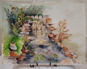 vtg unframed Water painting Of Waterfall & Pond  High Quality Paper,Signed - Picture 1 of 6