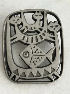 Vintage Pewter Modernist Fish Cat Pin MCM Sweden - Picture 1 of 2