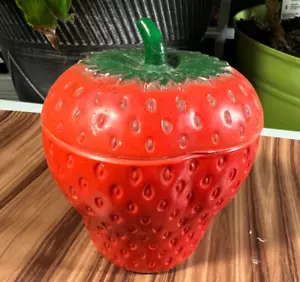 Hazel Atlas Strawberry Shaped Jam Jar Red Painted Milk Glass Green Stem Vintage - Picture 1 of 13