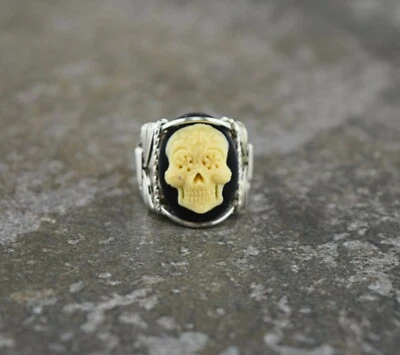 Sterling Silver Sugar Skull Cameo Wire Wrapped Ring  - Image 1 of 4