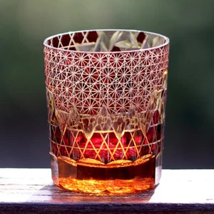 Hand Cut Whiskey Glasses Edo Kiriko Crystal Glass Drinkware Tumbler Red 9oz - Picture 1 of 5