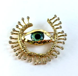 Gold Tone Glass & Rhinestones Large Evil Eye Brooch - Picture 1 of 6