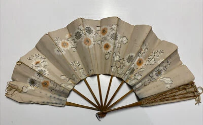 Antique Hand Painted Floral Handmade Parchment Paper String Ladies Hand Fan - Image 1 of 4