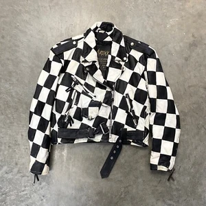 Chaqueta de motociclista de cuero a cuadros LA Roxx recortada artesanal Damie YSL de colección - Imagen 1 de 6