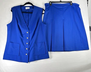 Vintage 2 Piece Pleated Skirt Sleeveless Top Set Suit Indigo Blue Retro XL - Picture 1 of 9