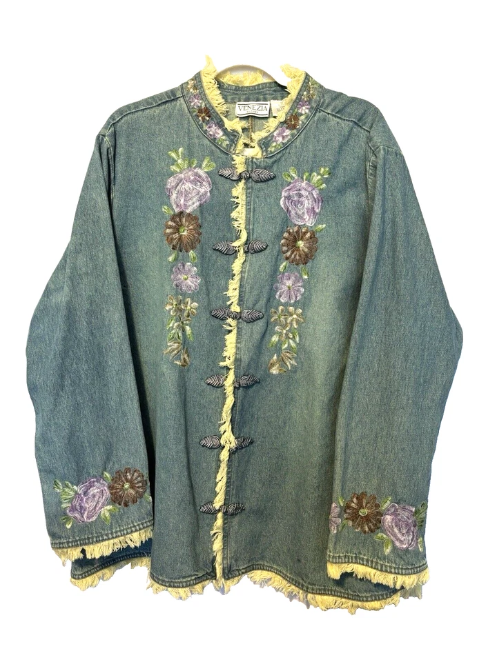 Chaqueta Venezia Talla 2XL Denim Bohemia Folk Flecos Floral Bordada Asiática Foto 1 de 4