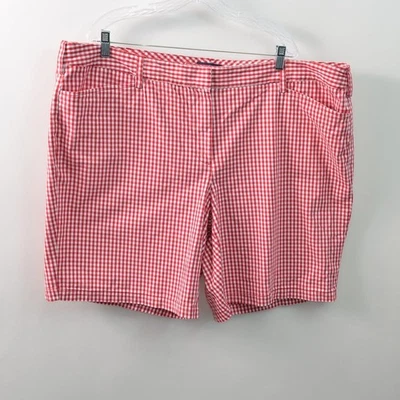 Lands End 9 英寸短裤女式 24W 中腰红色格子棉弹力斜纹布 — 第 1/4 张图片