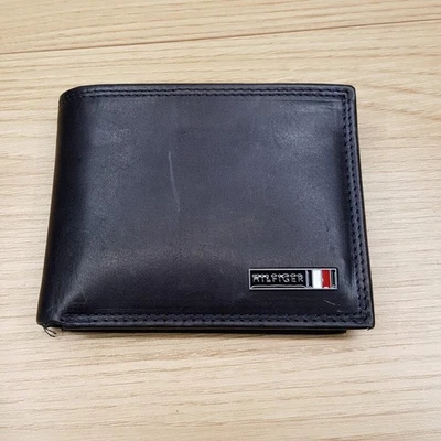 TOMMY HILFIGER Cartera Para Hombres Cuero Negro Doble Plegable Pasaporte RFID Defectuoso Foto 1 de 4