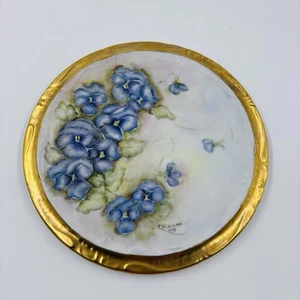 Vtg Hand Painted Tea Trivet Hot Plate Violets Gold Trim Porcelain Artist Signed - Picture 1 of 8