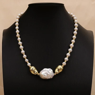18'' Cultured White Pearl Brushed Beads Chokers Necklace Keshi Pearl Pendant - Image 1 of 4