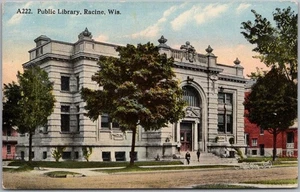 Vintage RACINE, Wisconsin Postcard "Public Library" Building View / 1916 Cancel - Picture 1 of 2