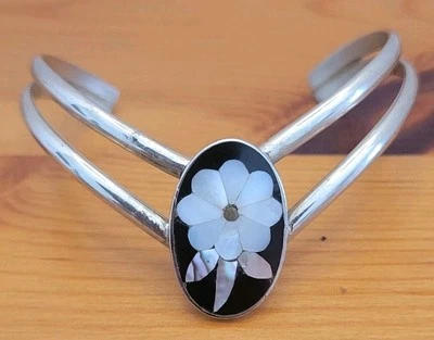 Vintage Petite Cuff Bracelet Silver Tone Floral Abalone & Mother Of Pearl Inlay - Image 1 of 4