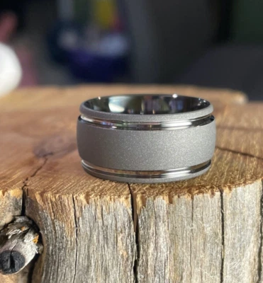 Men's Ring, Unique Look Sandblasted Titanium, Wedding Band at 12mm Wide - Image 1 of 4