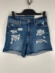 BNWT American Eagle Womens High Rise Shortie Jean Shorts Distressed Blue Sz 2 - Picture 1 of 14