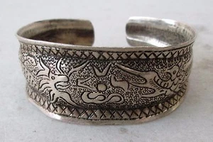 Old Hmong Hill Tribe Unisex Silver Adjustable Bracelet Dragon & Bird Design - Picture 1 of 2
