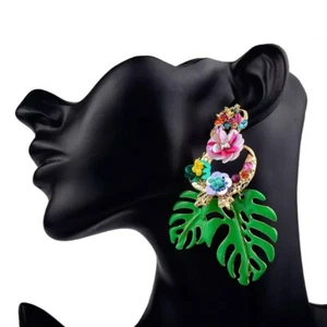 New Eshaal Allure African Statement Flower Leaf Pendant Earrings. - Picture 1 of 6