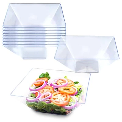一次性塑料方形大号餐碗可重复使用透明白色碗24件 — 第 1/3 张图片