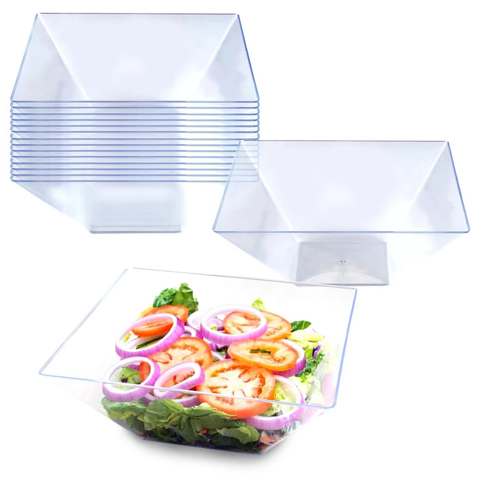 Disposable Plastic Square Large Serving Bowls Reusable Clear White Bowls 24pcs - Image 1 of 3