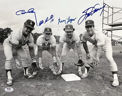 DODGERS 1981 INFIELD SIGNED 11X14 BLK/WHT PHOTO RUSSELL GARVEY CEY LOPES JSA - Image 1 of 4