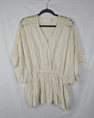 Top boho minimalista con borde de encaje babydoll ala de murciélago de lino semilla mostaza talla XXL Foto 1 de 4