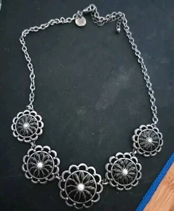 Grace Adele Silver Tone Black 17 Inch Floral Charm Necklace- GA Signed - Picture 1 of 3