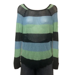 Women's 525 America Navy Green Blue Stripe Crochet Knit Pullover Top Size S - Picture 1 of 5