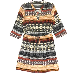 BeBop Vestito Donna L Multicolore Poli Scollo a V Elastico Vita Rotolo Tab Manica 3/4 - Foto 1 di 8