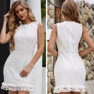 Mini Vestido Eilly Bazar Blanco Crochet Floral Encaje S Sin Mangas Ajustado Bodycon - Imagen 1 de 12