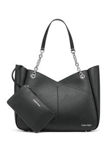 Calvin Klein Zoe Chain Tote Shoulder Bag Pebbled with Pouch Black Silver - Picture 1 of 6