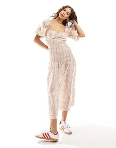 SIZE 18 GLAMOROUS PASTEL CHECKED RUCHED DETAIL MIDI DRESS - Picture 1 of 4