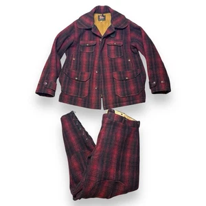 Vintage 40s Woolrich Red & Black Buffalo Plaid Wool Hunting Jacket & Pants Sz 44 - Picture 1 of 23